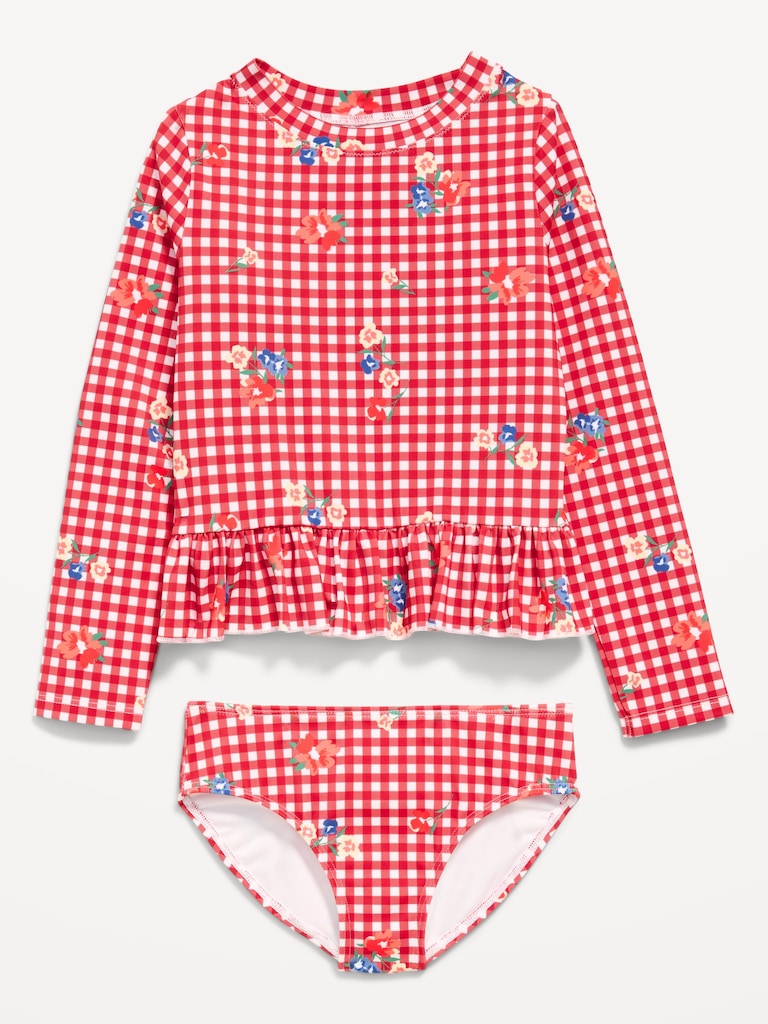 Printed Long-Sleeve Rashguard Swim Top Set for Toddler Girls