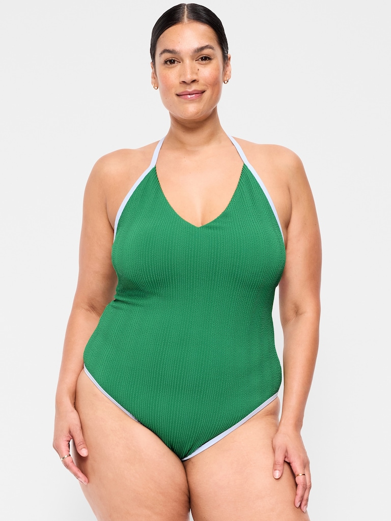 Ribbed V-Neck Halter One-Piece Swimsuit