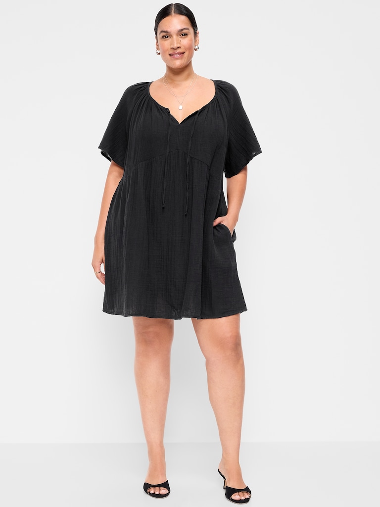 Crinkle Gauze Flutter-Sleeve Mini Swing Dress