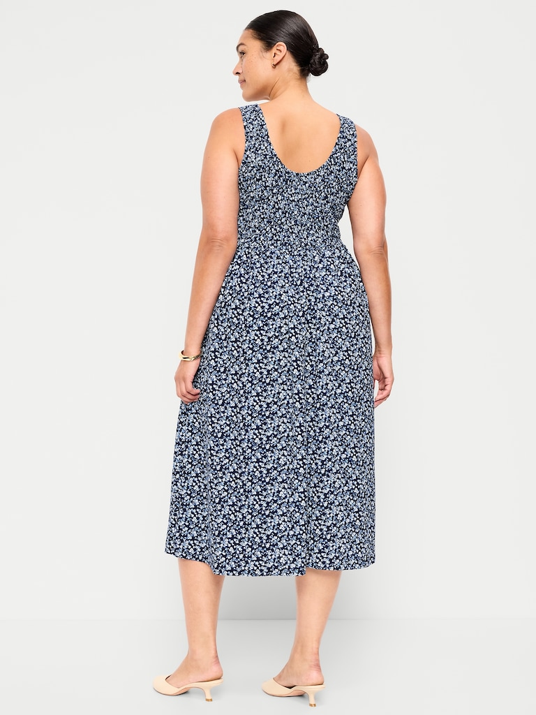 Fit & Flare Sleeveless Smocked-Bodice Midi Dress