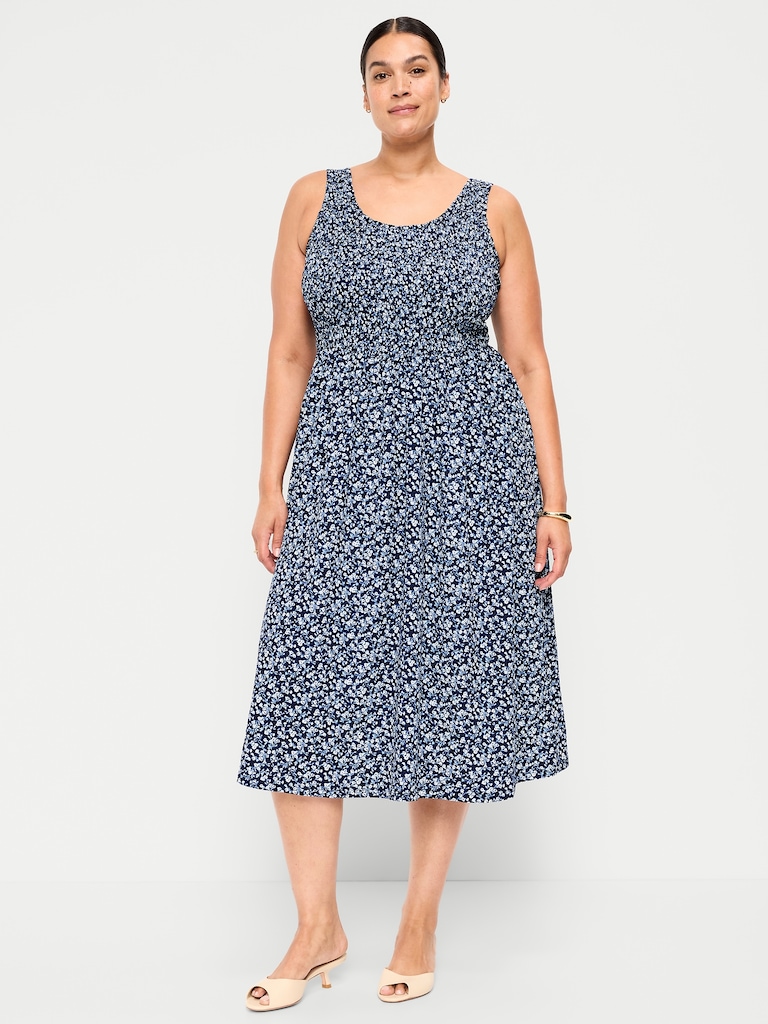 Fit & Flare Sleeveless Smocked-Bodice Midi Dress