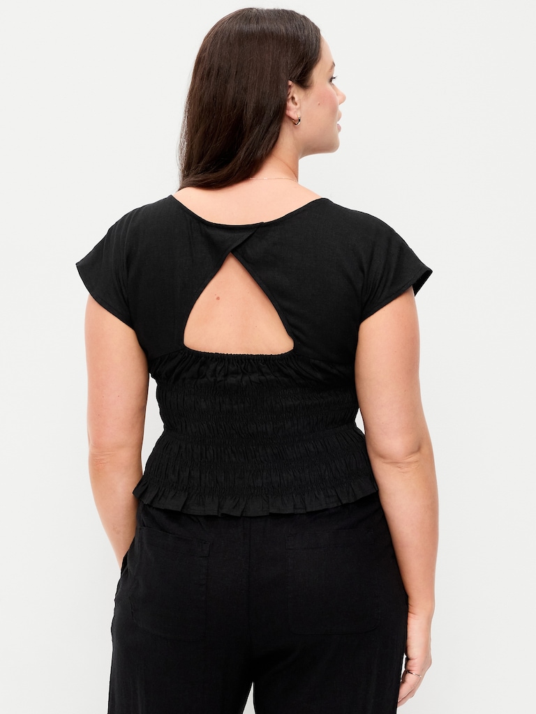 Linen-Blend Short-Sleeve Smocked Top