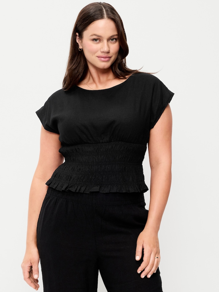 Linen-Blend Short-Sleeve Smocked Top