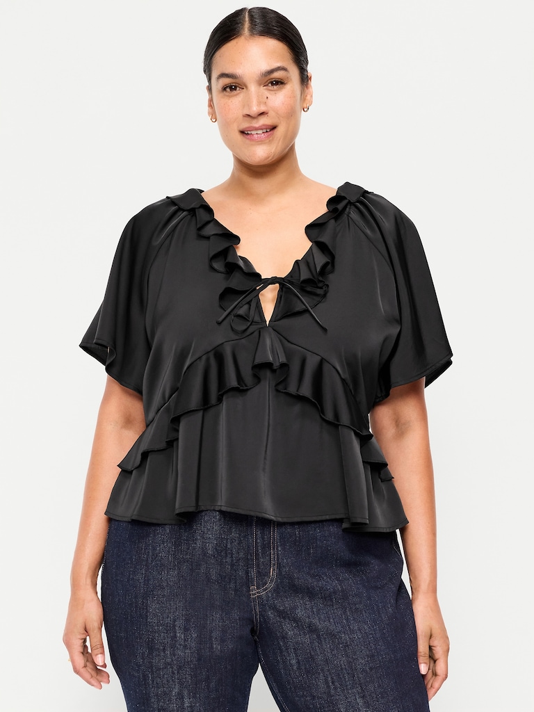 Satin Ruffle Tie-Front Top