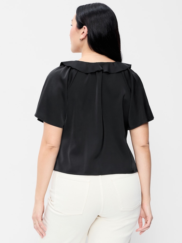 Satin Ruffle Tie-Front Top