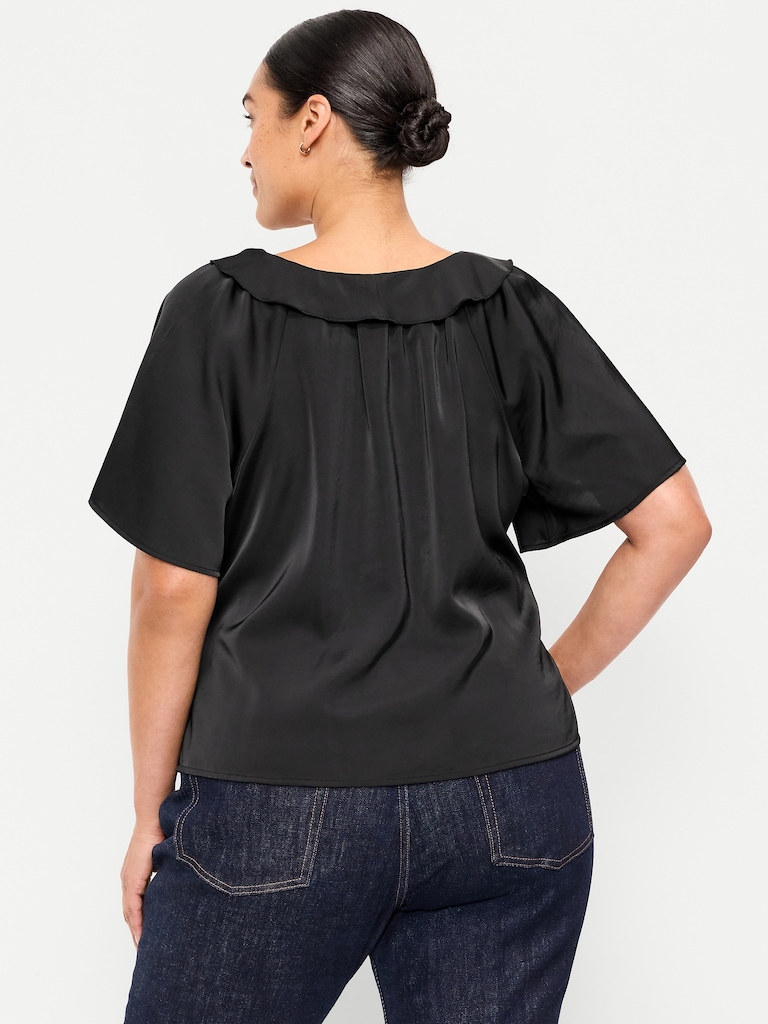 Satin Ruffle Tie-Front Top