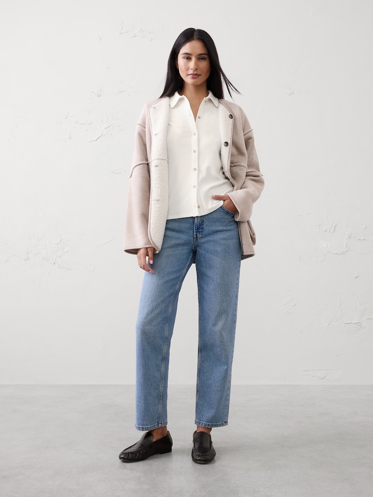 Brushed Ribbed Button Top