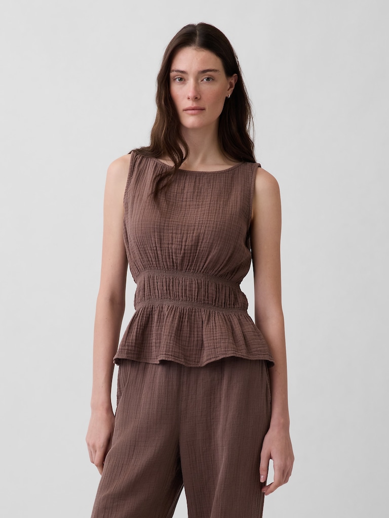 Cotton Gauze Smocked-Waist Peplum Top