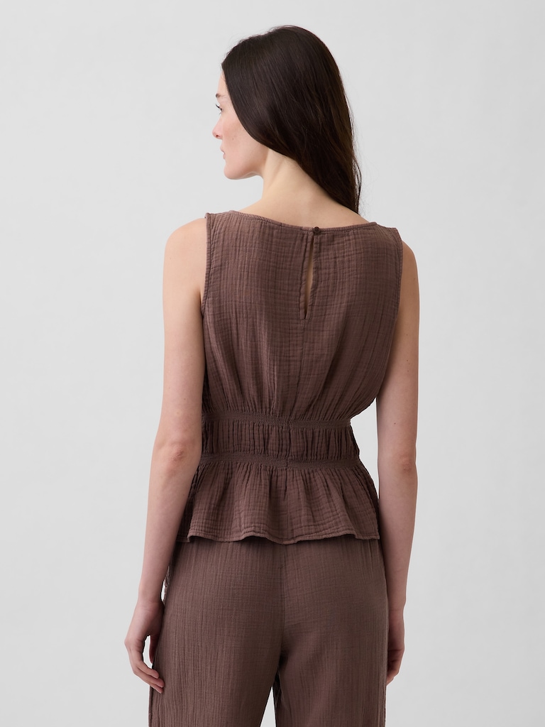 Cotton Gauze Smocked-Waist Peplum Top