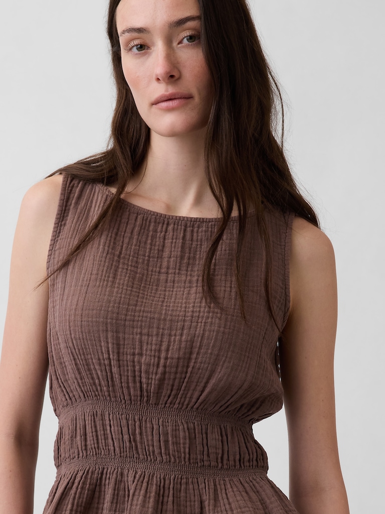 Cotton Gauze Smocked-Waist Peplum Top