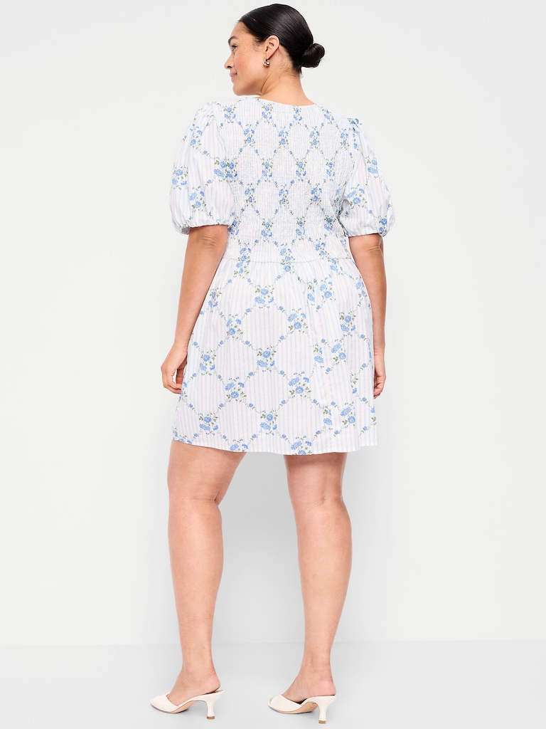 Puff-Sleeve Smocked Fit & Flare Mini Dress