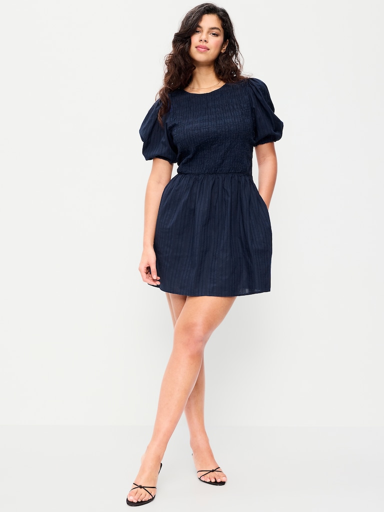 Smocked Puff-Sleeve Flare Mini Dress