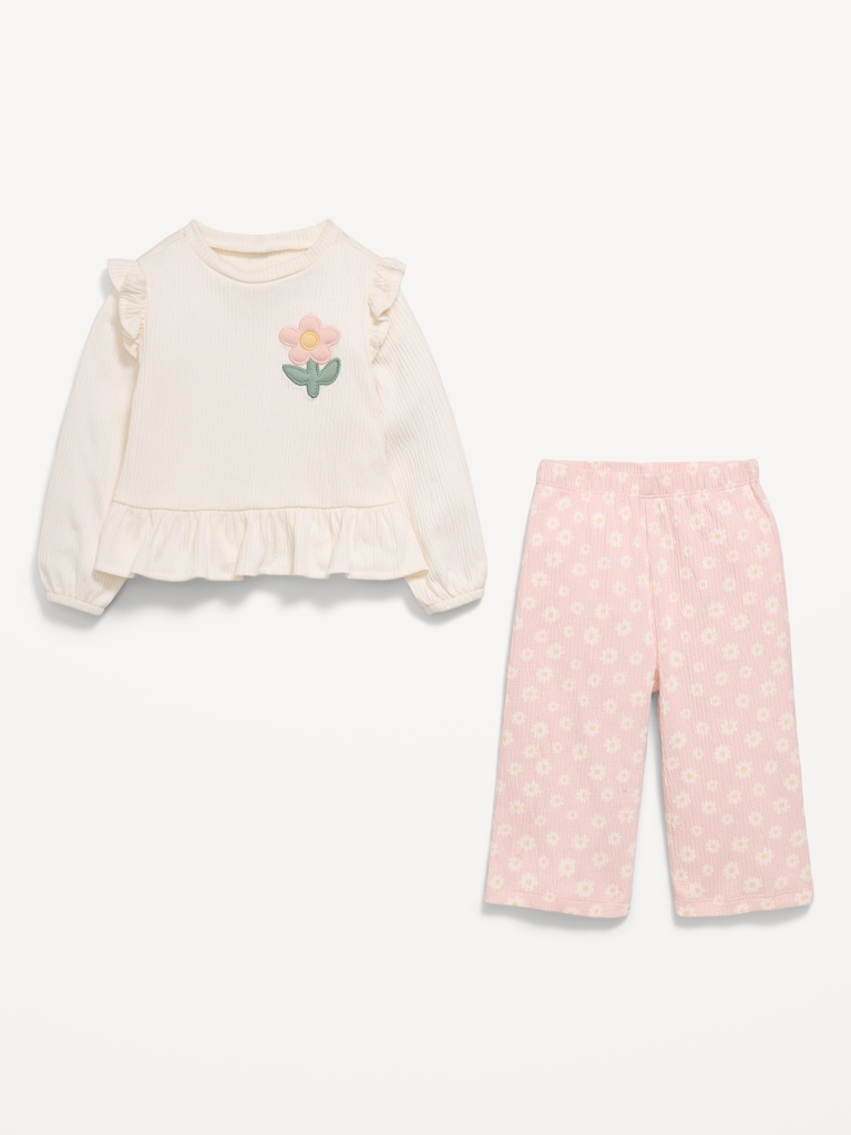 Long-Sleeve Ruffled Top and Wide-Leg Pants Set for Baby