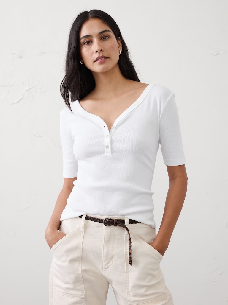 Ribbed Elbow-Sleeve Henley T-Shirt