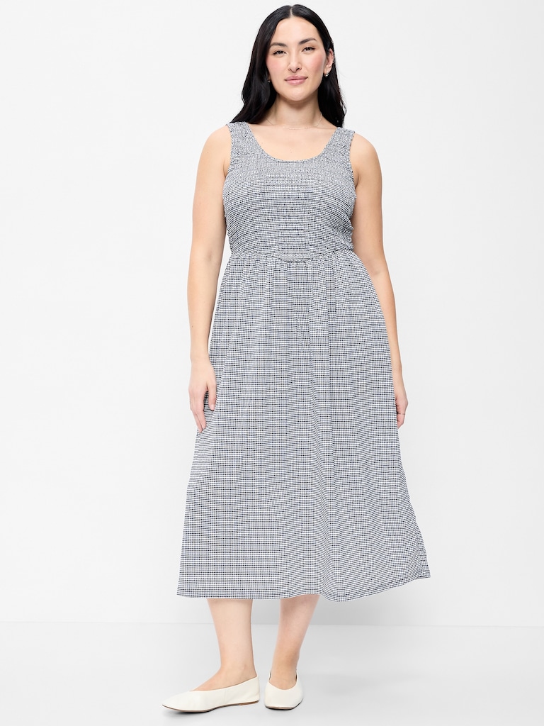 Fit & Flare Sleeveless Smocked-Bodice Midi Dress