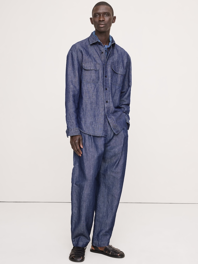 Loose Chambray Pleated Pull-On Pant