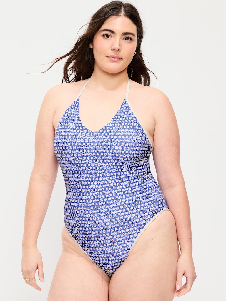 Pique V-Neck Halter Swimsuit