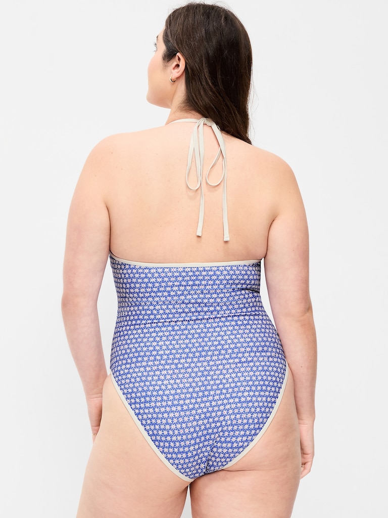 Pique V-Neck Halter Swimsuit