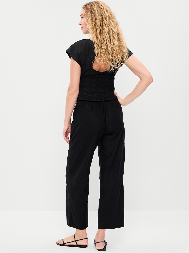 High-Waisted Linen-Blend Straight Ankle Pants