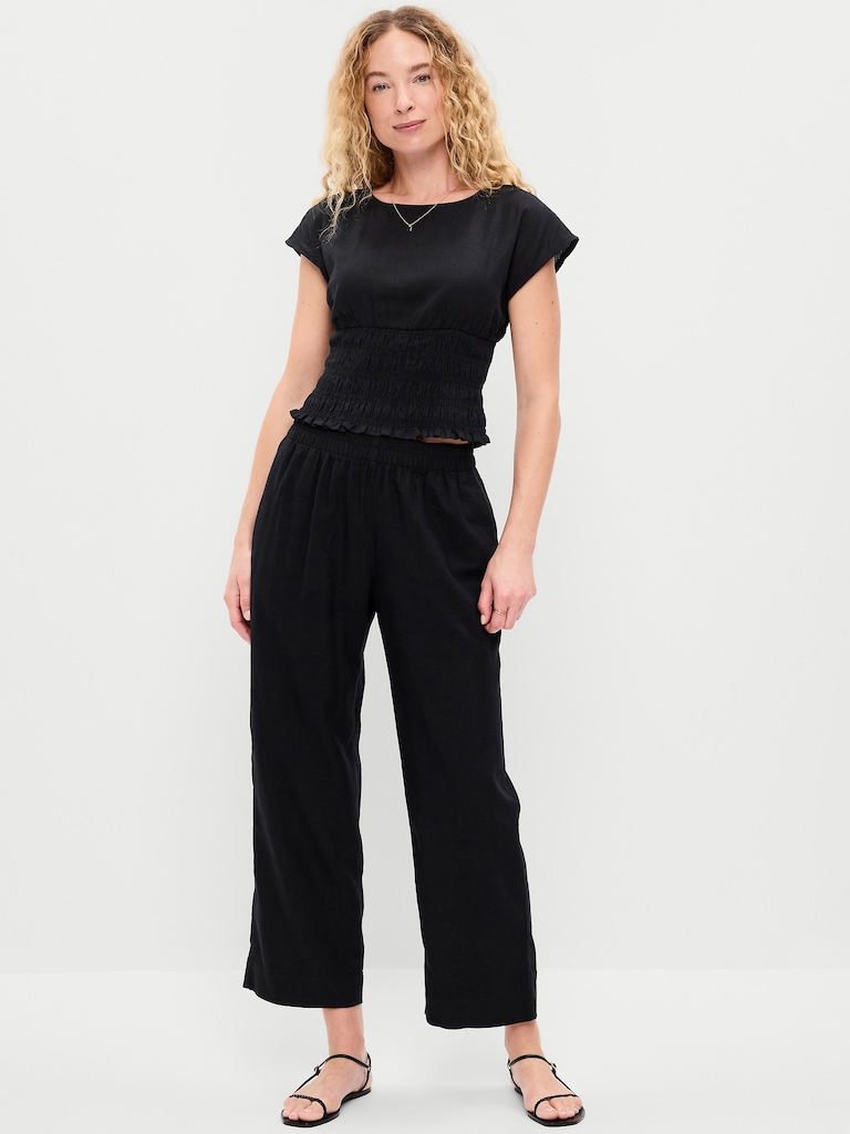 High-Waisted Linen-Blend Straight Ankle Pants