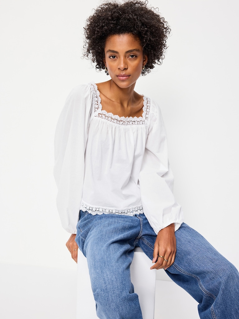 Long-Sleeve Lace Trim Top