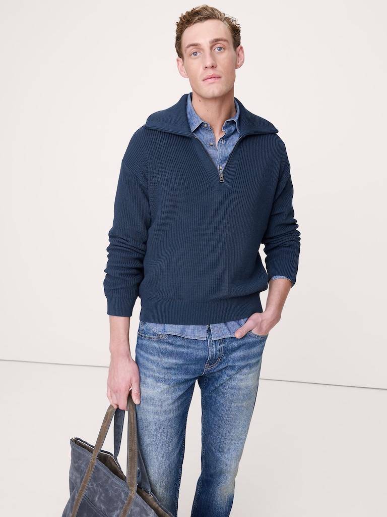 Cotton Ribbed Zip Sweater Polo