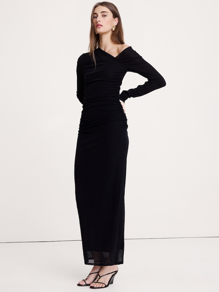 Mesh Asymmetric Ruched Maxi Dress