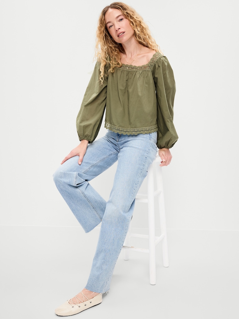 Long-Sleeve Lace Trim Top