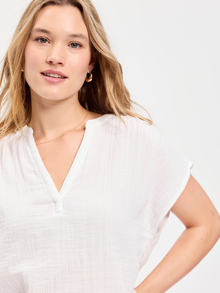 Short-Sleeve Crinkle Gauze Popover Top