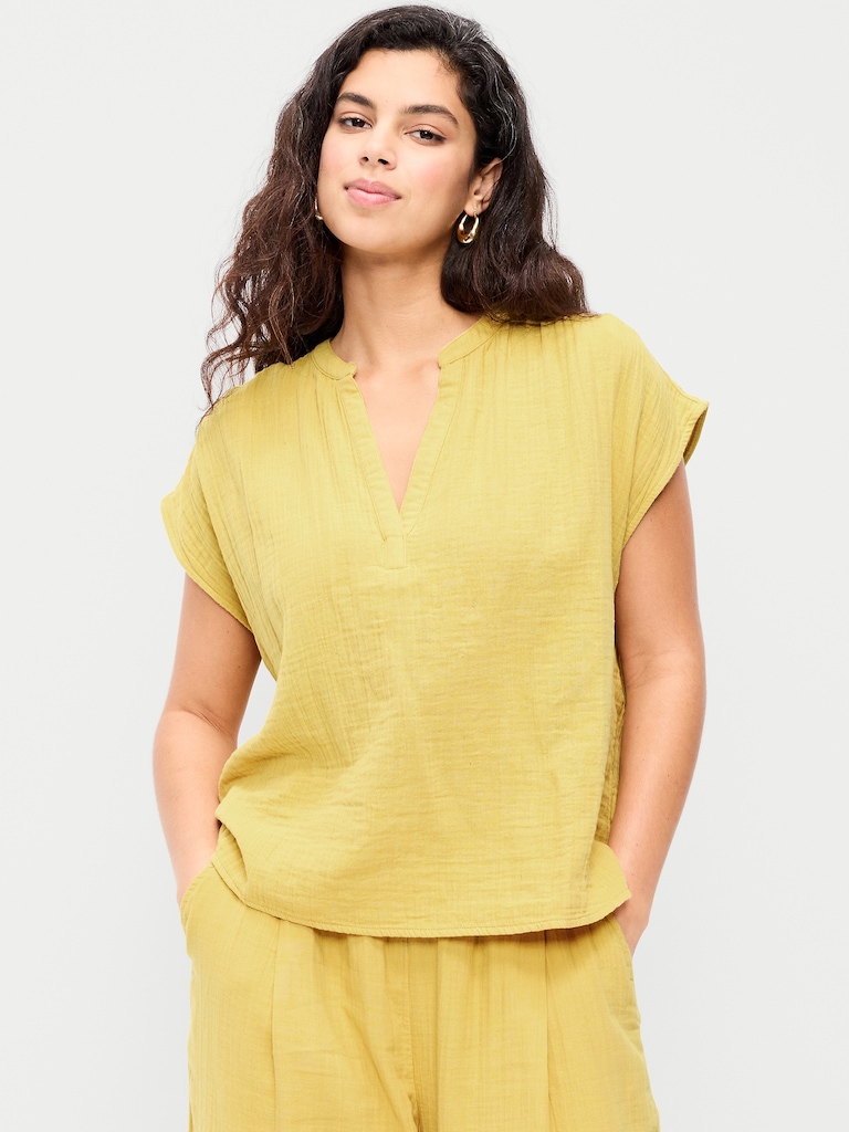 Short-Sleeve Crinkle Gauze Popover Top