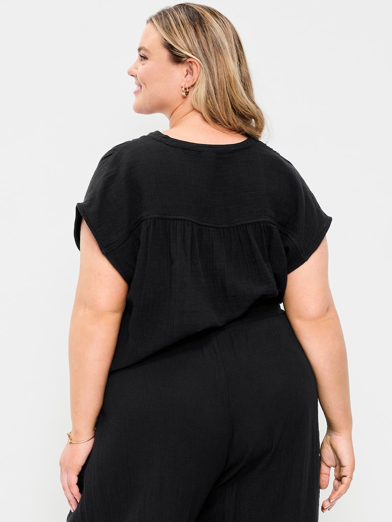 Short-Sleeve Crinkle Gauze Popover Top
