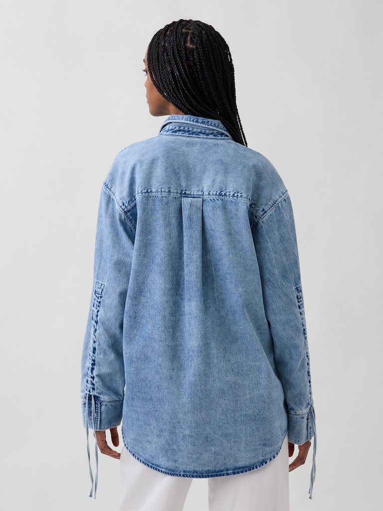 UltraSoft Denim Oversized Ruched-Sleeve Shirt