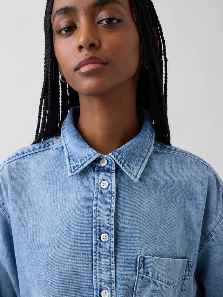UltraSoft Denim Oversized Ruched-Sleeve Shirt
