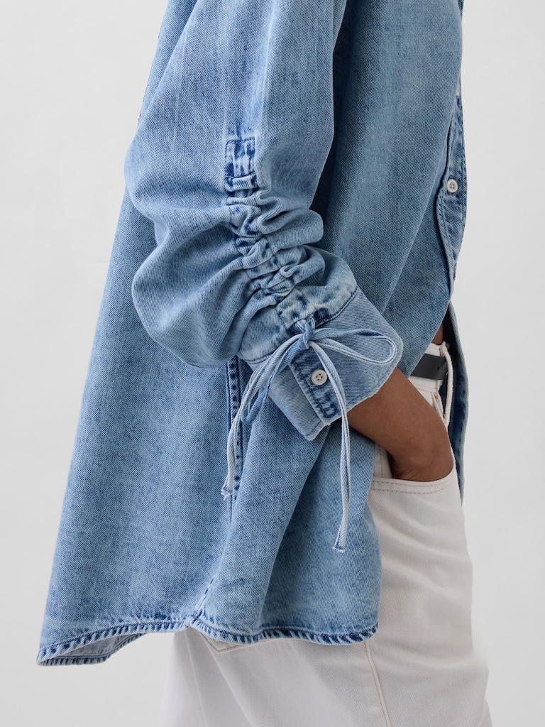 UltraSoft Denim Oversized Ruched-Sleeve Shirt