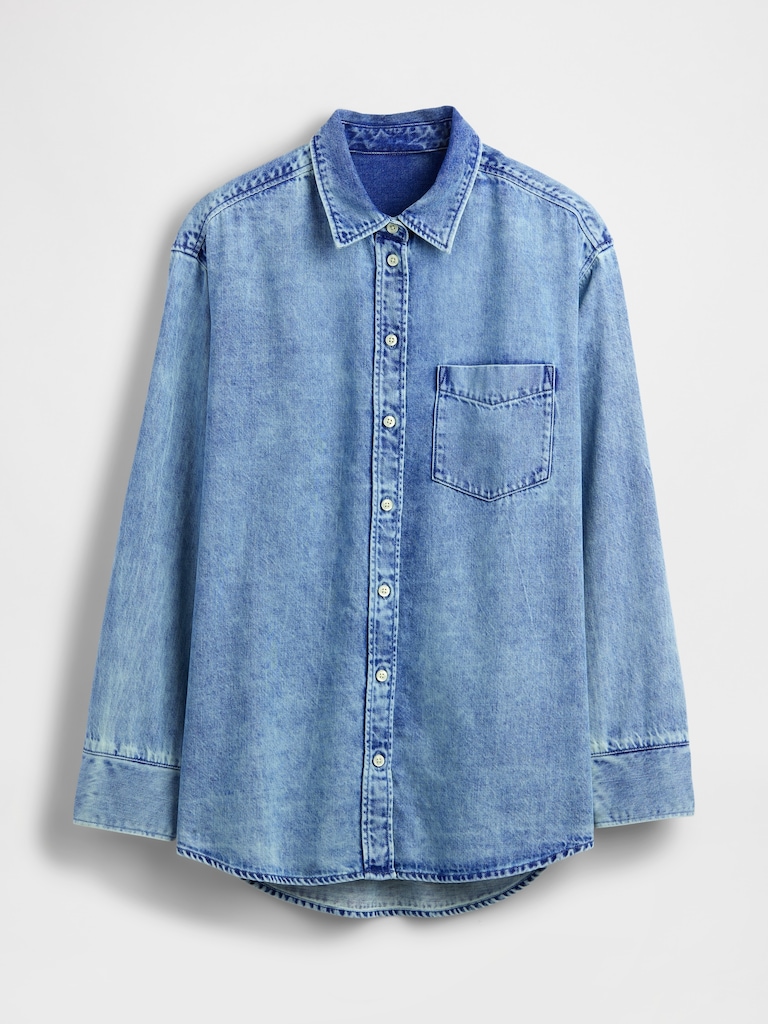 UltraSoft Denim Oversized Ruched-Sleeve Shirt