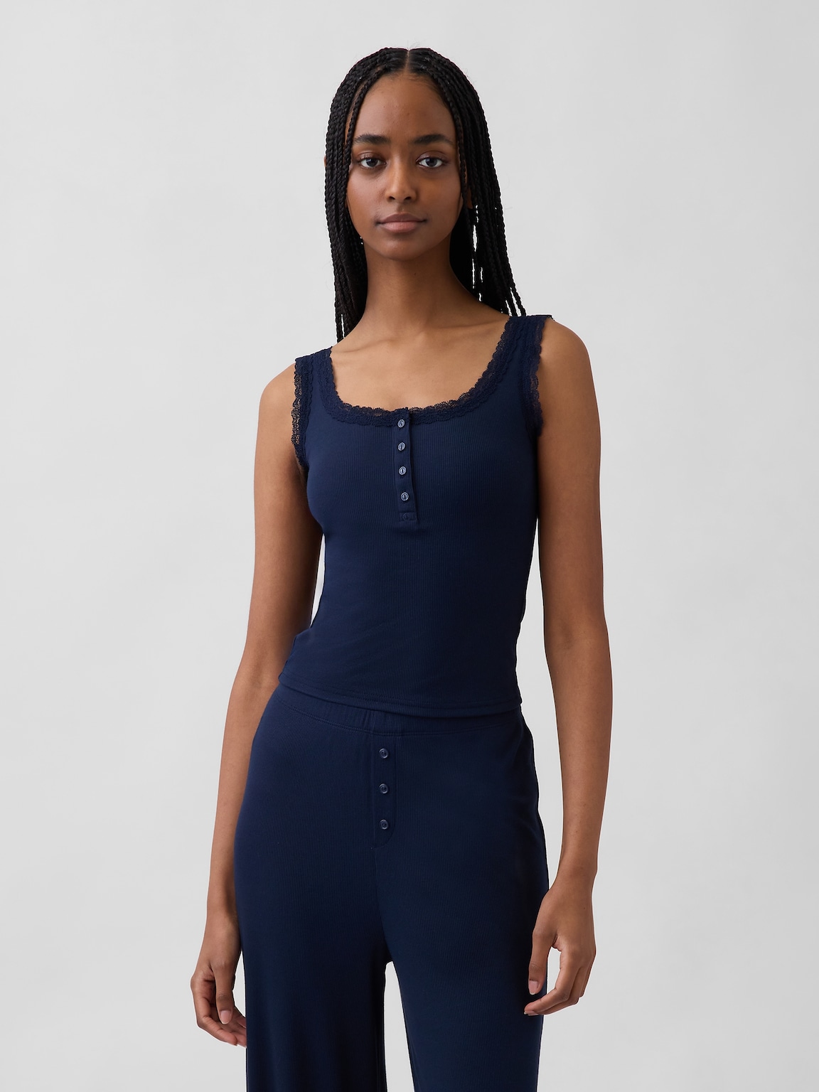 Mini Rib Lace Henley PJ Tank Top