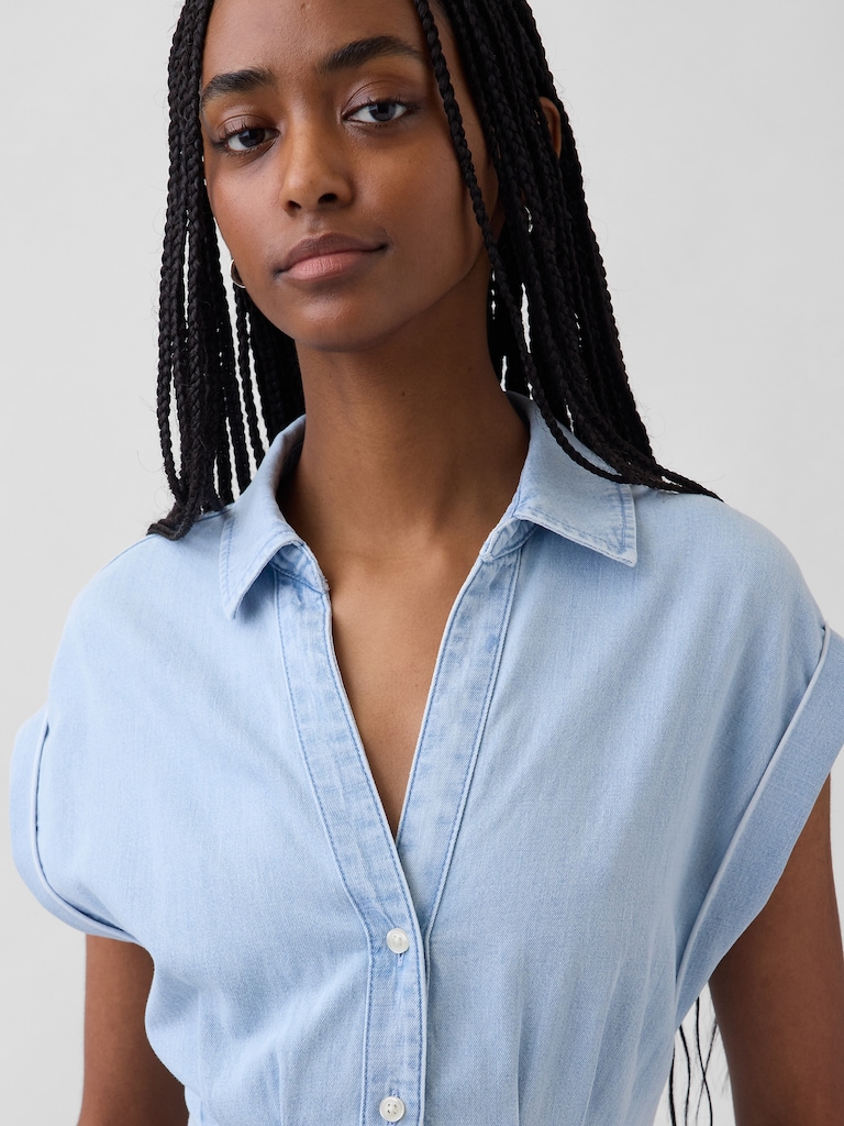 Denim Pleated Mini Shirtdress