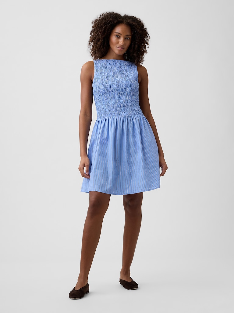 Smocked Boatneck Mini Dress