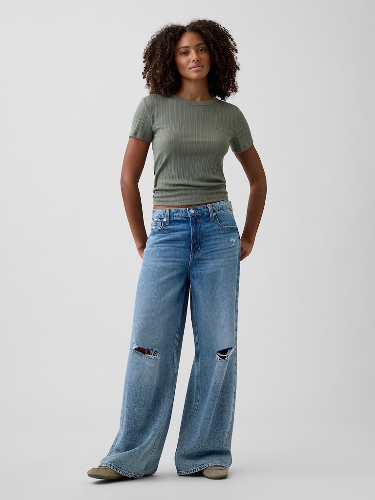 Ribbed Pointelle Crewneck T-Shirt