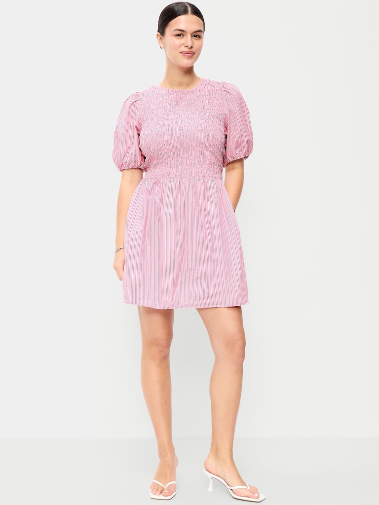 Smocked Puff-Sleeve Flare Mini Dress