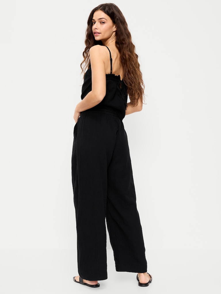 High-Waisted Crinkle Gauze Barrel Ankle Pants