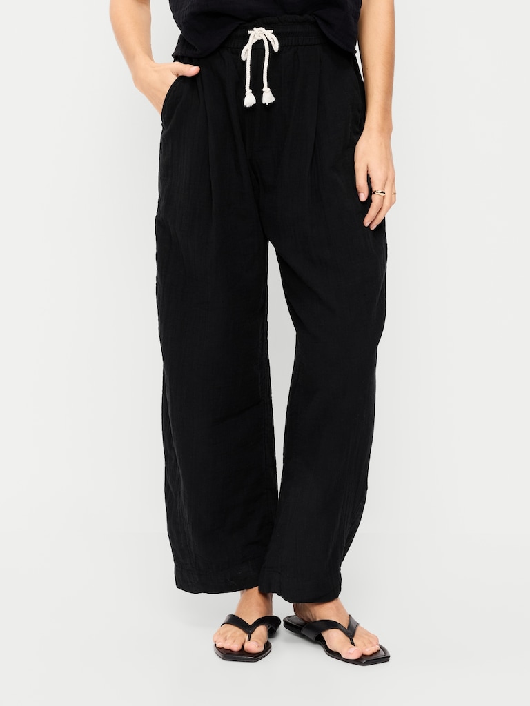 High-Waisted Crinkle Gauze Barrel Ankle Pants