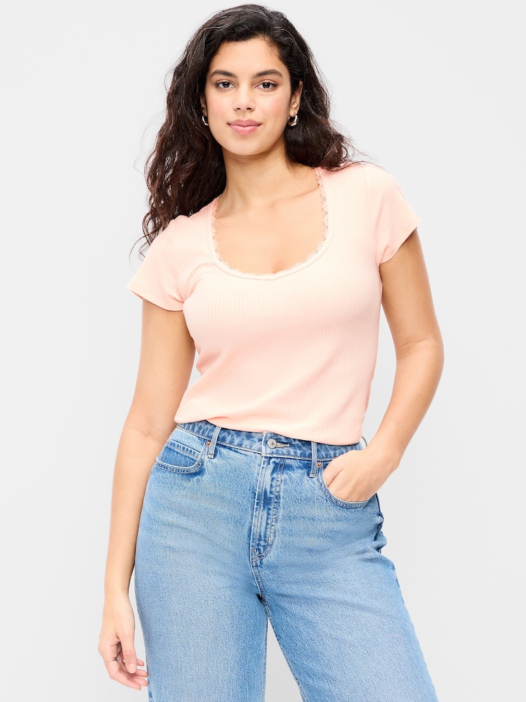Lace-Trim Sweetheart-Neck Ribbed Top