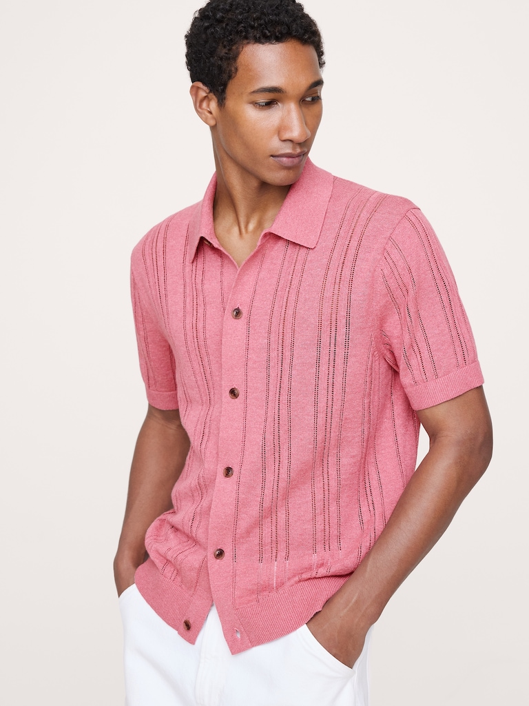 Pointelle Linen-Cotton Polo Cardigan