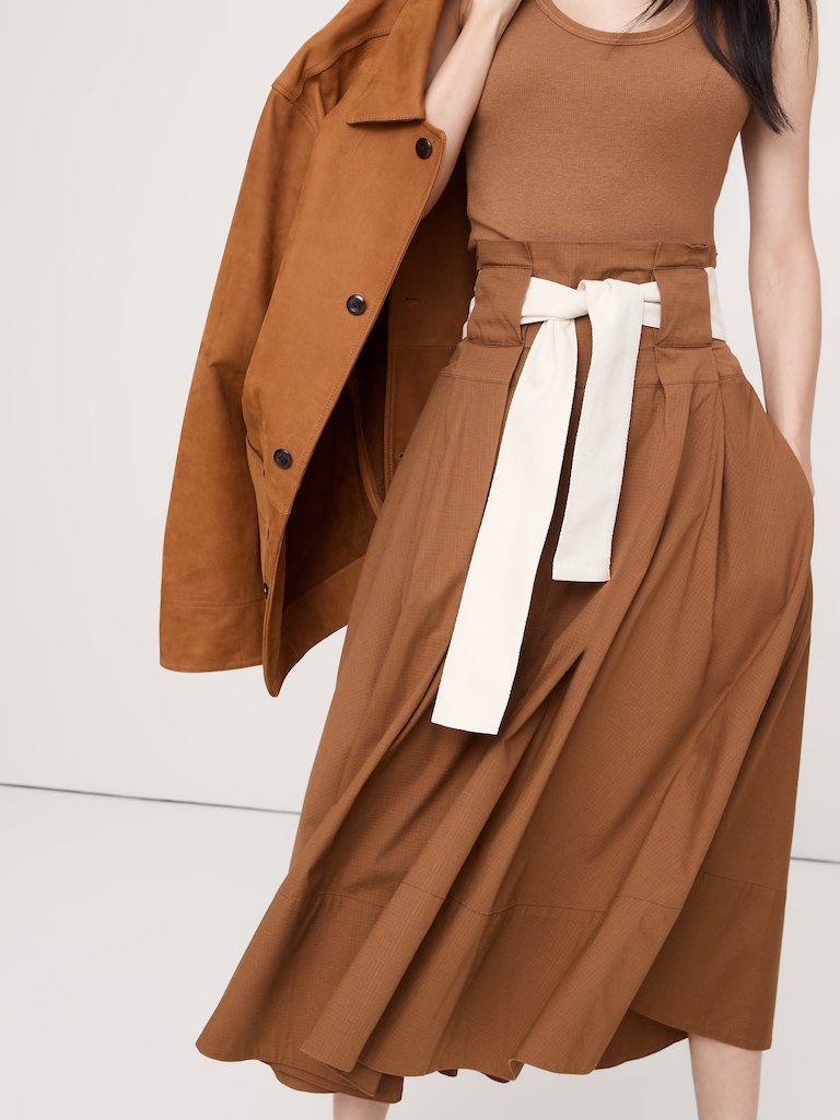 Stretch-Cotton Belted Maxi Skirt