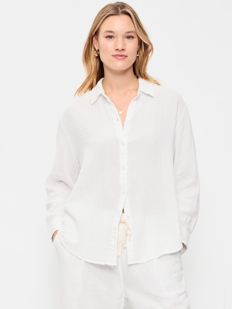 Open-Back Crinkle Gauze Button-Down Shirt