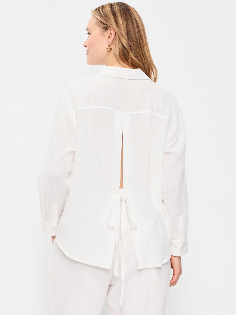 Open-Back Crinkle Gauze Button-Down Shirt