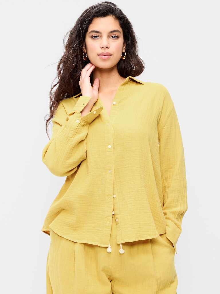 Open-Back Crinkle Gauze Button-Down Shirt