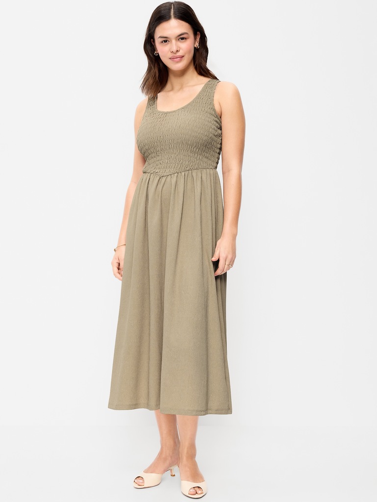 Fit & Flare Sleeveless Smocked-Bodice Midi Dress