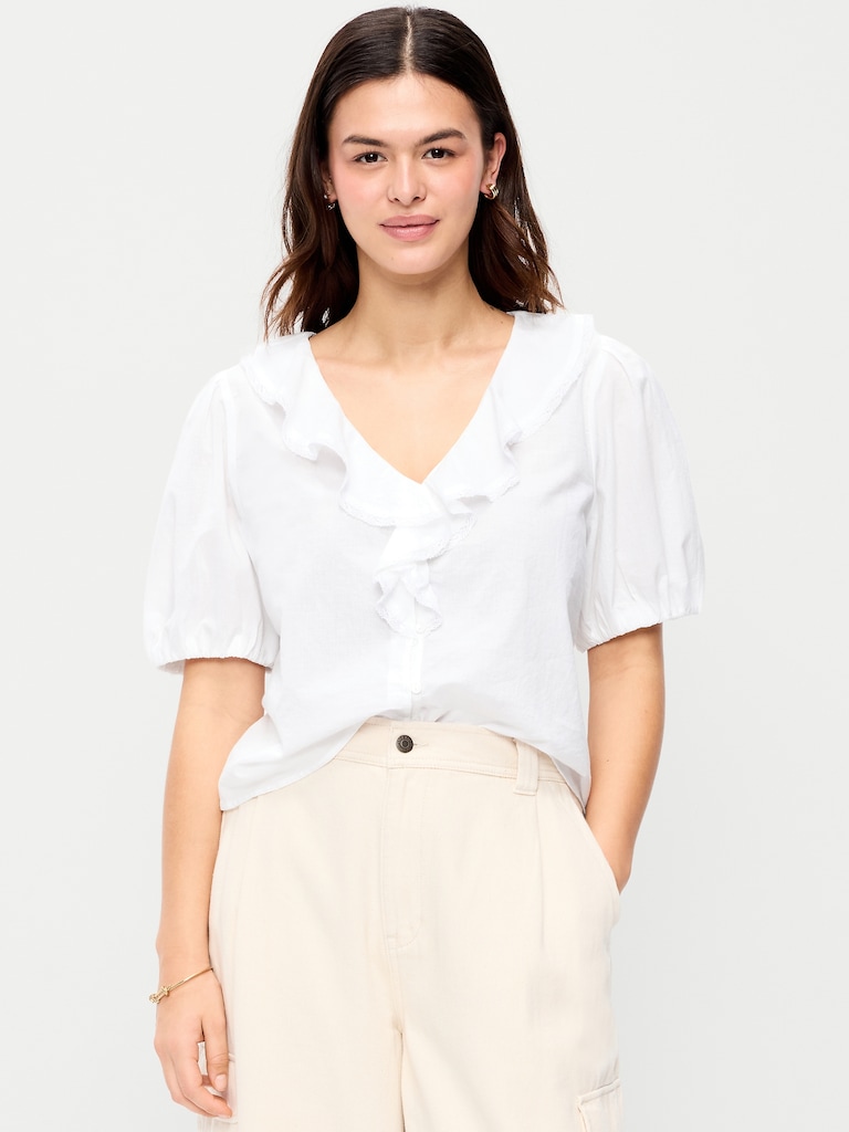 Ruffle Collar Button-Down Top